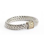 A silver V link woven effect bracelet with gold decoration on clasp, marked 925, 18k, 74g