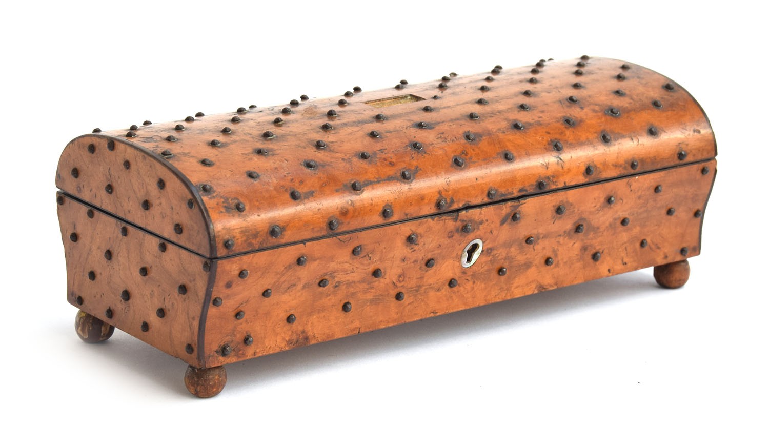A 19th century burr walnut trinket box, profusely studded with steel pins, mother of pearl inlay