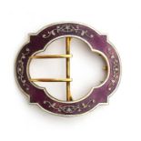 A silver and purple guilloche enamel and gilt jewelled buckle, with gold prongs bearing the French