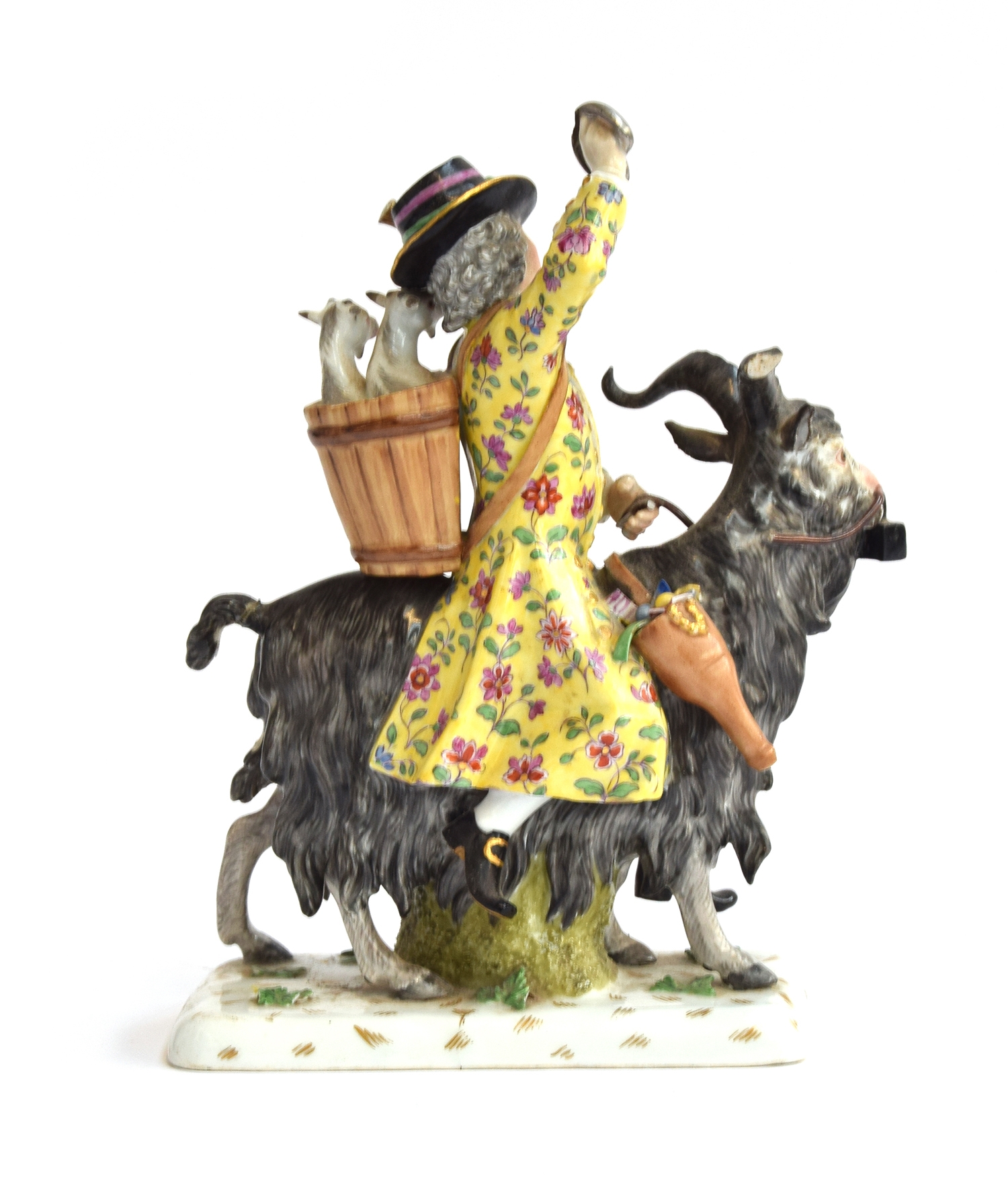 A 19th century Meissen porcelain figure of Count Bruhl's Tailor astride a goat, Meissen crossed - Image 2 of 2