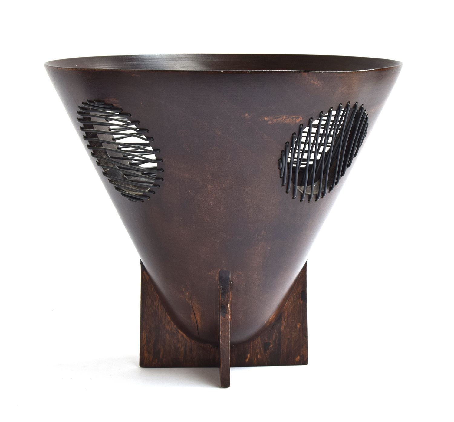 20th century, Gilles Caffier of Paris wood and leather waste paper basket, 30cm high