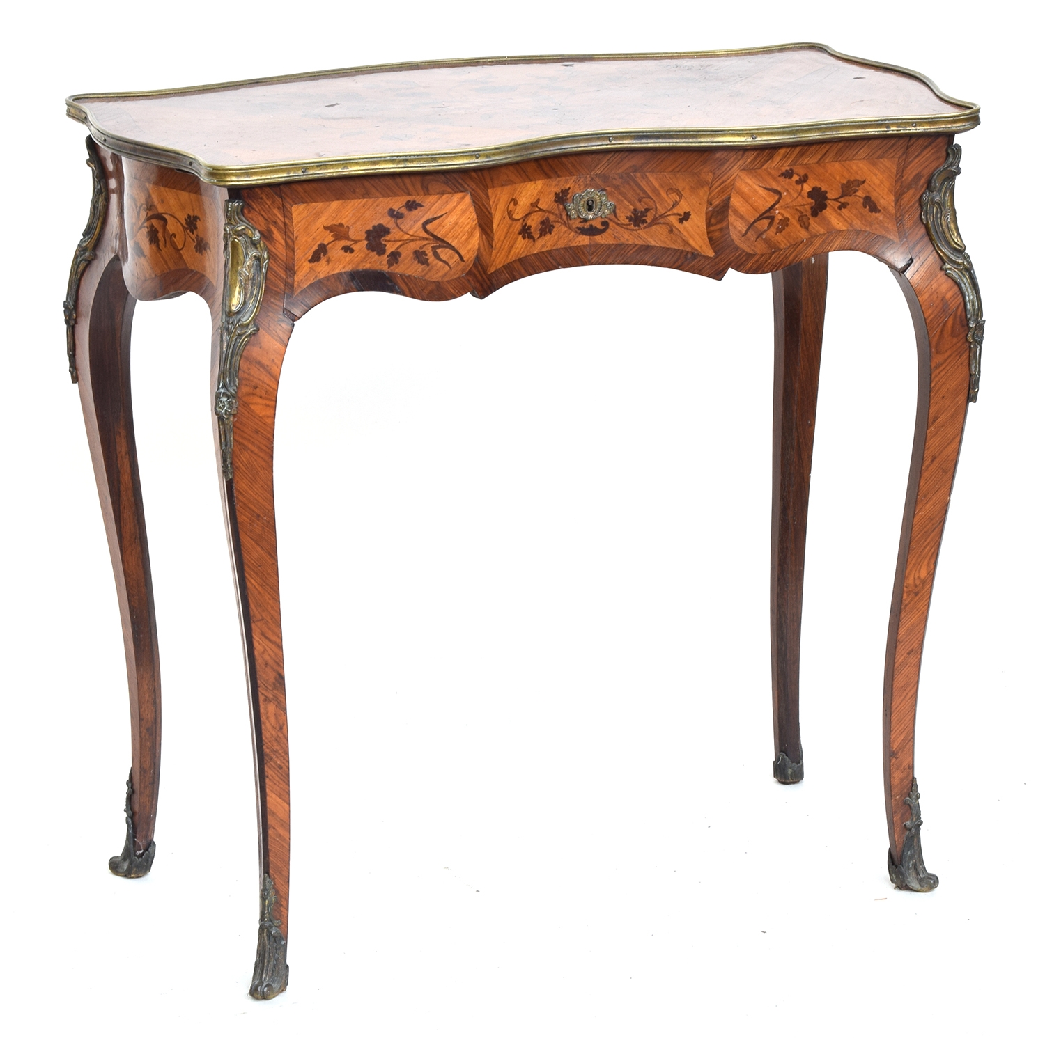 A Continental Louis XV style ormolu mounted marquetry side table, serpentine top with single drawer, - Image 2 of 3