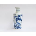 A 19th century blue and white Chinese rouleau vase, depicting court scenes and a landscape amidst