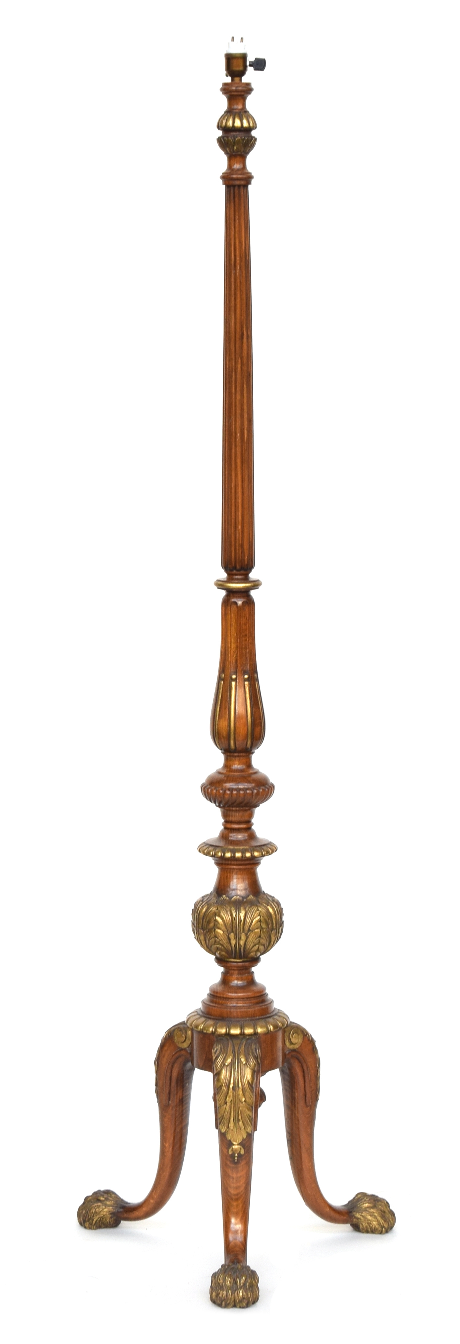 A fine mahogany and parcel gilt standard lamp, the fluted column above acanthus detail, railed on