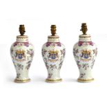 Three 19th century Samson famille rose porcelain table lamps of baluster form, each decorated with