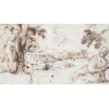 Simone Cantarini, called il Pesarese (Italian, 1612-1648), 'Landscape with figures', pen and brown