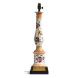 A large 19th century ceramic lamp with hand painted floral decoration, heightened in gilt, approx.