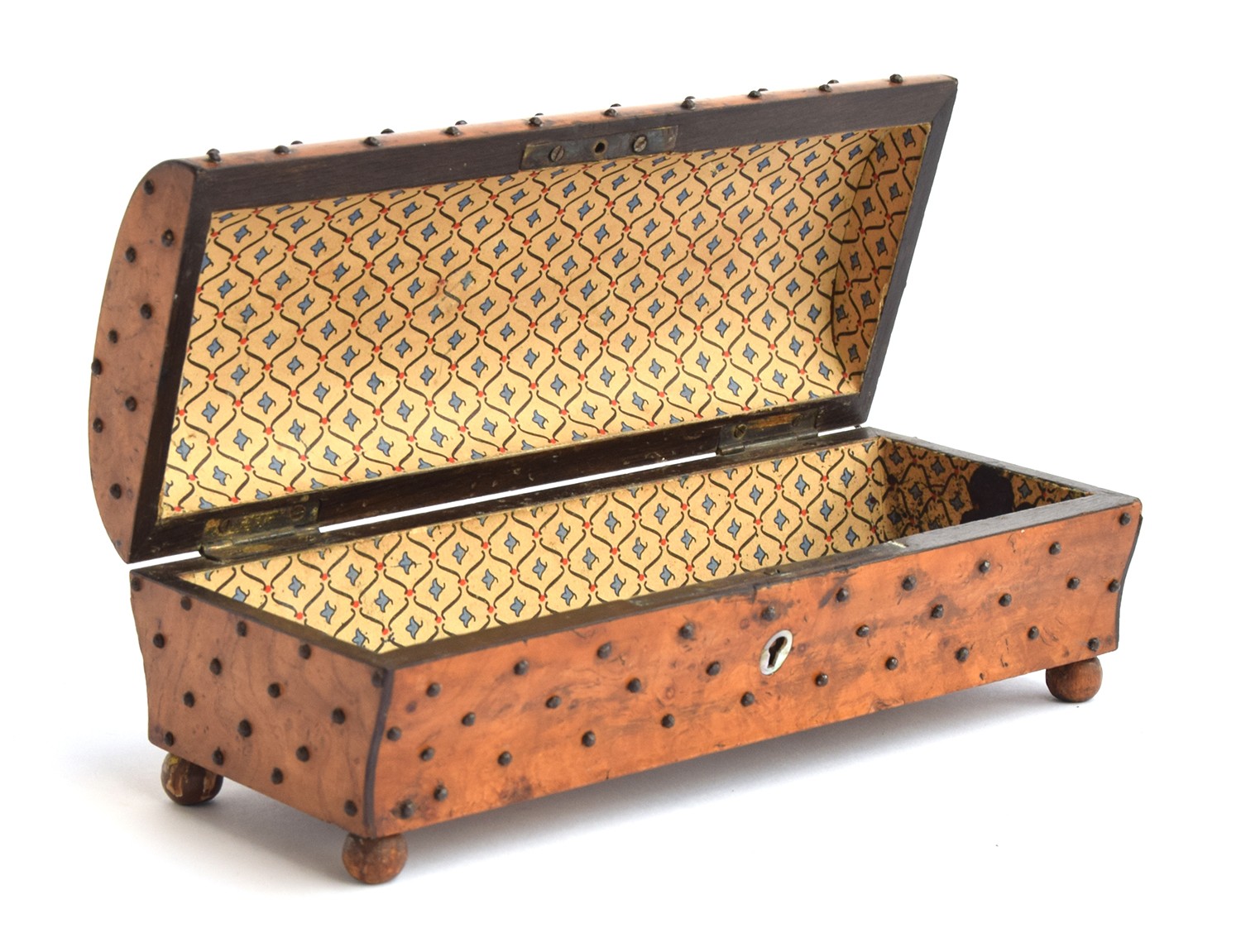 A 19th century burr walnut trinket box, profusely studded with steel pins, mother of pearl inlay - Image 2 of 2