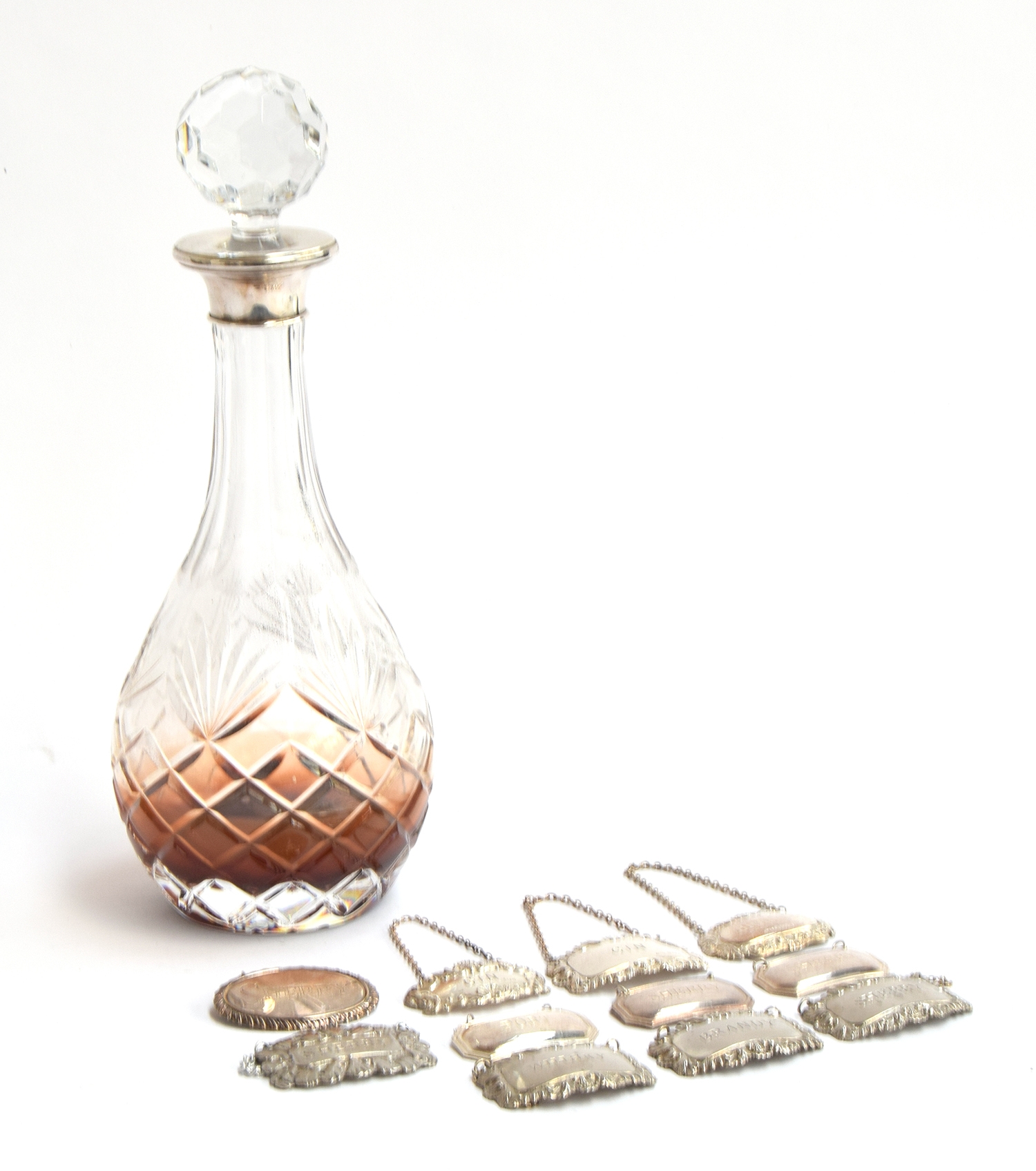 Three modern silver decanter labels, two Gin and one Brandy; together with eight plated decanter - Image 2 of 2