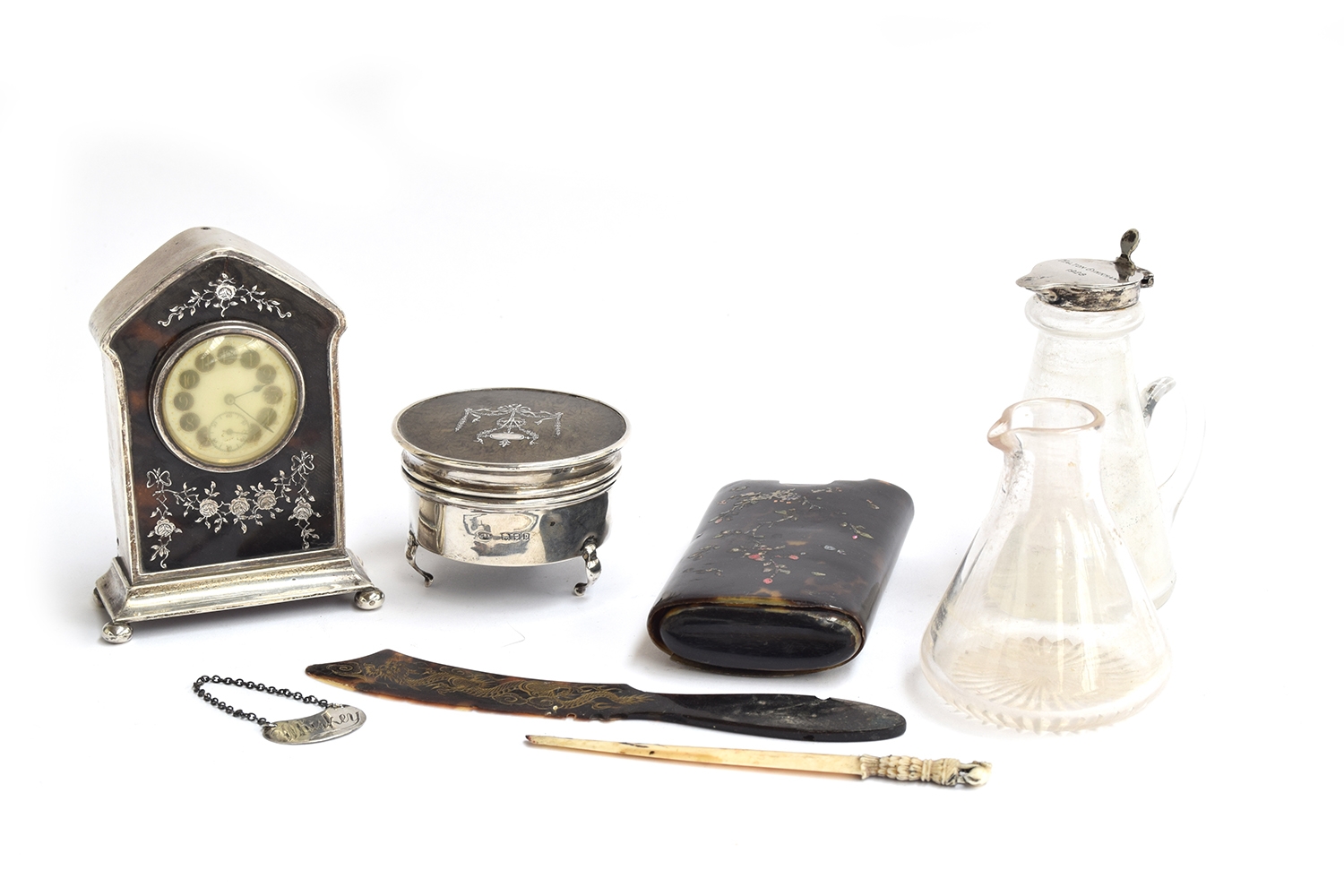 A silver and tortoiseshell desk clock by E S Barnsley & Co, Birmingham 1920; together with a small