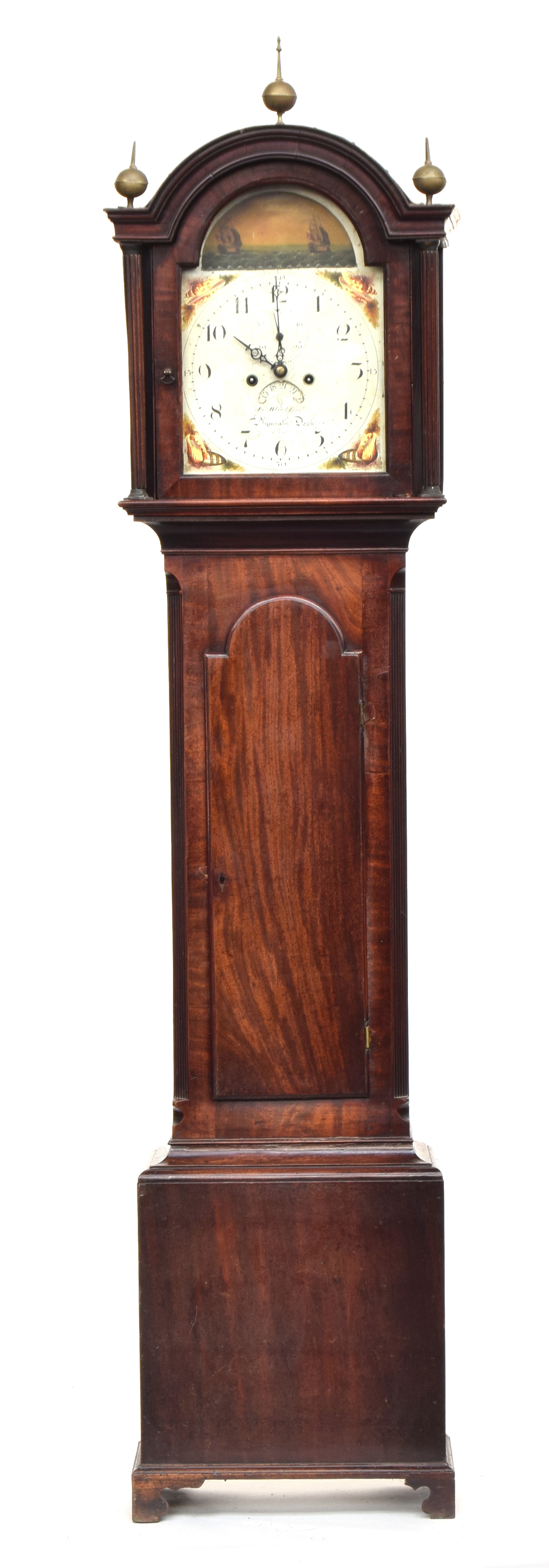 A mahogany cased longcase clock, dome top, the the dial with subsidiary seconds and date, flanked by