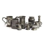 A collection of pewter measures, to include a 1/2 pint measure by James Yates; A Victorian and a