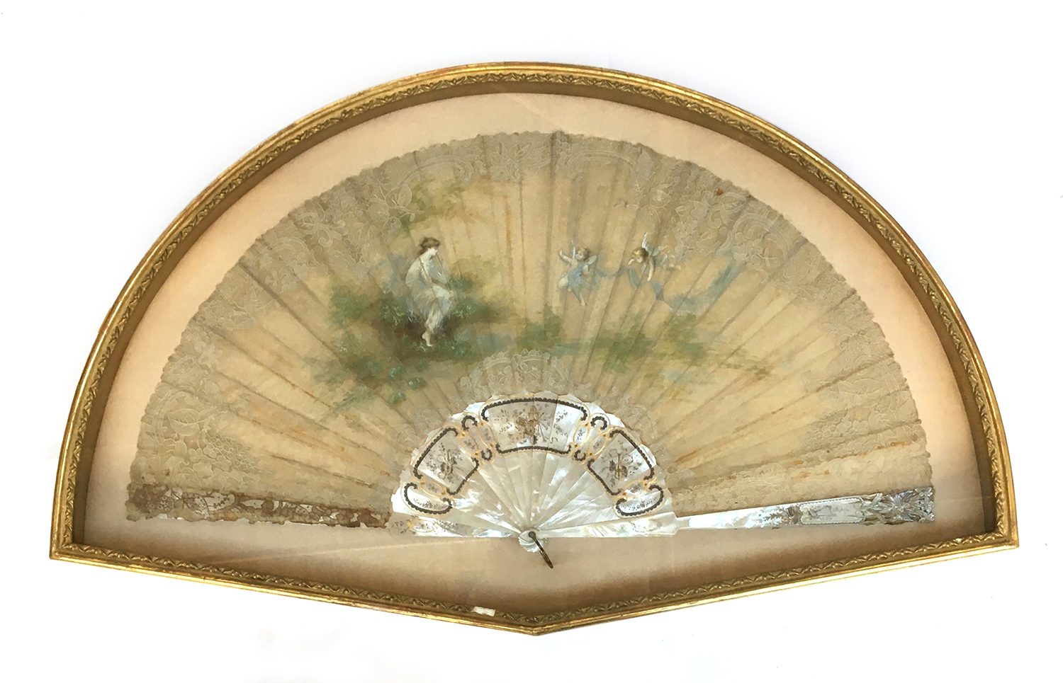 A 19th century painted and mother of pearl fan set within a Sebastian D'Orsai frame, the frame