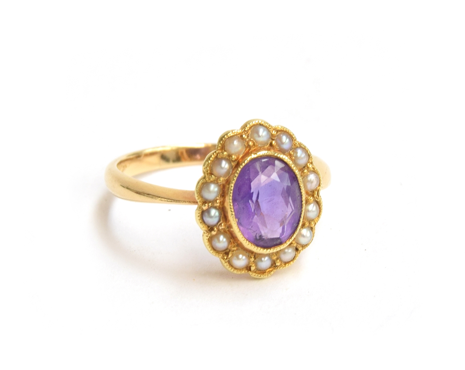 An 18ct gold seed pearl and amethyst ring, gross weight 3.8g, size M - Image 2 of 2