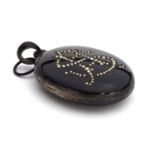 Victorian silver and black enamel mourning locket with the initials 'SA' formed in seed pearls, 5cmH