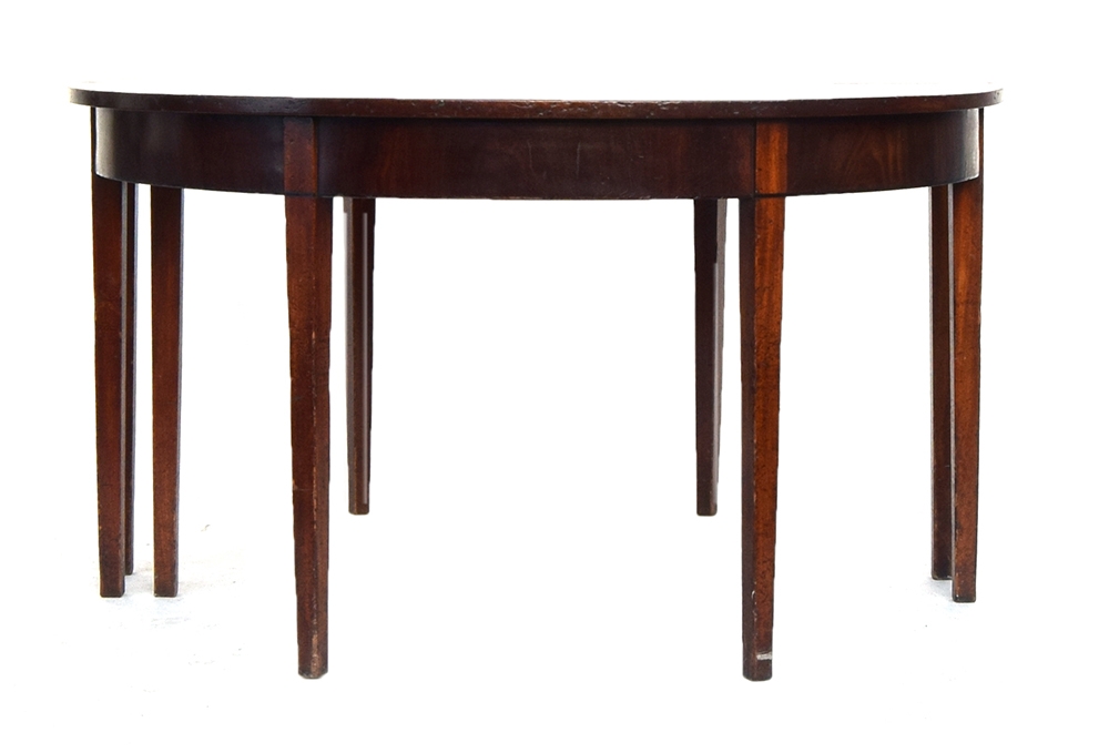 A George III mahogany D-end dining table with ebony stringing, on square tapered legs, with complete - Image 3 of 3