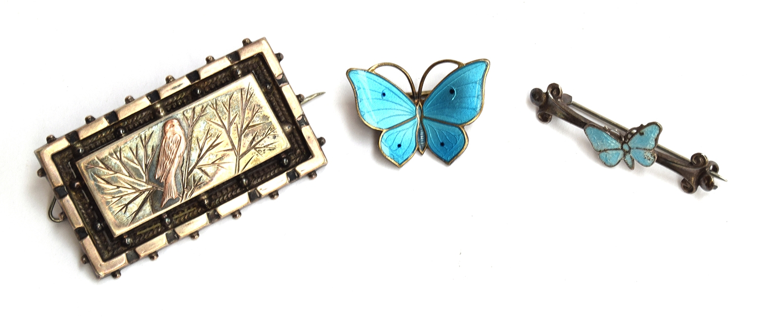 A Norwegian silver and silver guilloche enamel aqua blue butterfly brooch by Marius Hammer, wingspan