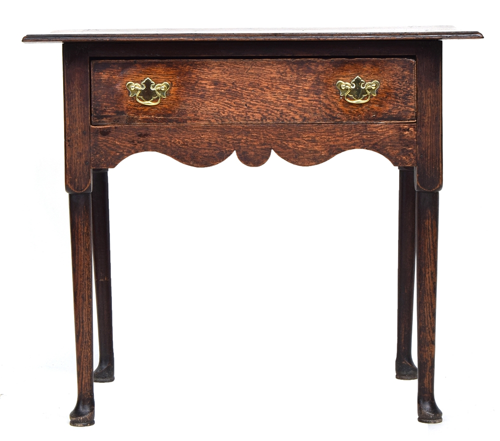 A Georgian oak lowboy, two plank moulded, single drawer over shaped apron, on turned tapering legs - Image 2 of 2