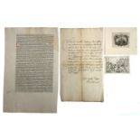 A small collection of 18th century texts and engravings, to include an Italian letter, dated 1707; a