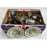 A mixed lot to include various plated and blue glass trinket dishes, West German pottery, Steins,