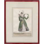 An 19th century French fashion print of a lady with a monkey, parrot etc, 24x16cm