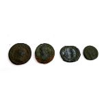 Four Roman coins, including a Constantine Folis with camp gate reverse (4)