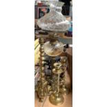 A brass oil lamp with fluted reeded column, glass reservoir and shade, 65cmH; a pair of double