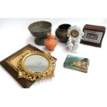 A Manor Period pewter footed bowl, 22cmD, together with an ornate style oval mirror, photo frame,