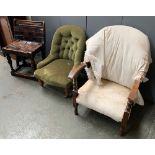 An unusual oak and leather side chair; together with an upholstered bedroom chair and one other
