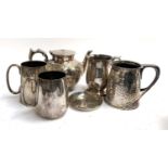 A silver plated teapot, together with various plated tankards and one Tudric pewter tankard