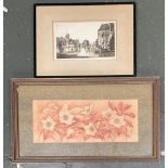 Marborough college gates, c.1930 drypoint etching, 17.5x30cm; together with a watercolour study of