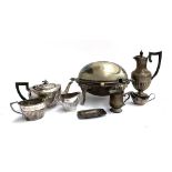 A mixed lot of plated items to include a chafing dish, three piece plated tea set, coffee pot etc