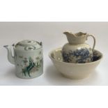 A blue and white washbowl, 38cmD and jug; together with a Japanese kettle, 24cmH