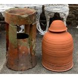 A terracotta rhubarb cloche, with lid, 48cmH; together with one other terracotta birdbath, 60cmH