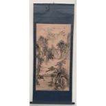 A Chinese painted scroll, depicting a mountain scene, overall length 173cm, the painting 116x58cm,