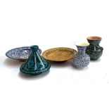 A collection of Turkish pottery, including a turquoise glaze tagine and two vases