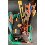 A green Safeway crate to contain a variety of hand tools, mouse sander etc