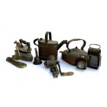 A mixed lot of vintage metal items, to include a copper watering can, square copper kettle, bell,