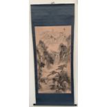 A Chinese scroll, pagoda near a waterfall, overall height 173cm, painting dimensions 116x59cm, boxed