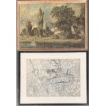 Print on board of a cathedral spire; print of a map of Kensington; together with a framed
