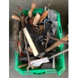 A green Safeways crate containing various vintage hand tools; together with a tile cutter