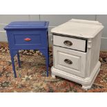 A grey painted bedside cabinet, 61cmH; together with a blue painted music cabinet with hinged lid,