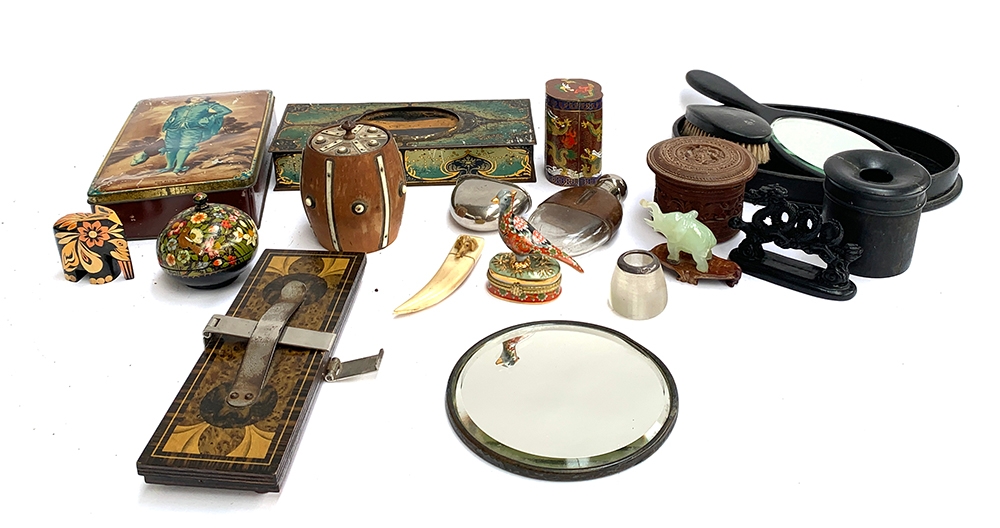 A mixed lot include a cloisonne liddle pot, tie press, ebonised string box, Rowntree's Coco works