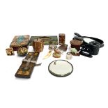 A mixed lot include a cloisonne liddle pot, tie press, ebonised string box, Rowntree's Coco works