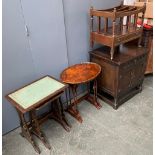 A mixed lot to include two nests of tables, mahogany three division Canterbury, and a small side