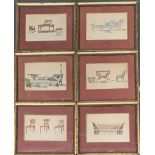A set of six colour prints taken from 'Ackermann's Repository of Arts', depicting fine furniture,