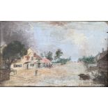 Naive oil on canvas, study of a castle; a small oil on canvas of a cottage; 19th century colour