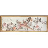 An Oriental silk panel depicting birds amongst foliage, 35x112cm