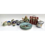 A mixed lot of ceramics to include a Limoges vase, Dresden trinket box, Majollica tealight, and