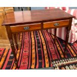 An early 20th century mahogany desk/sidetable, two drawers, on turned legs, 92x52x77cmH